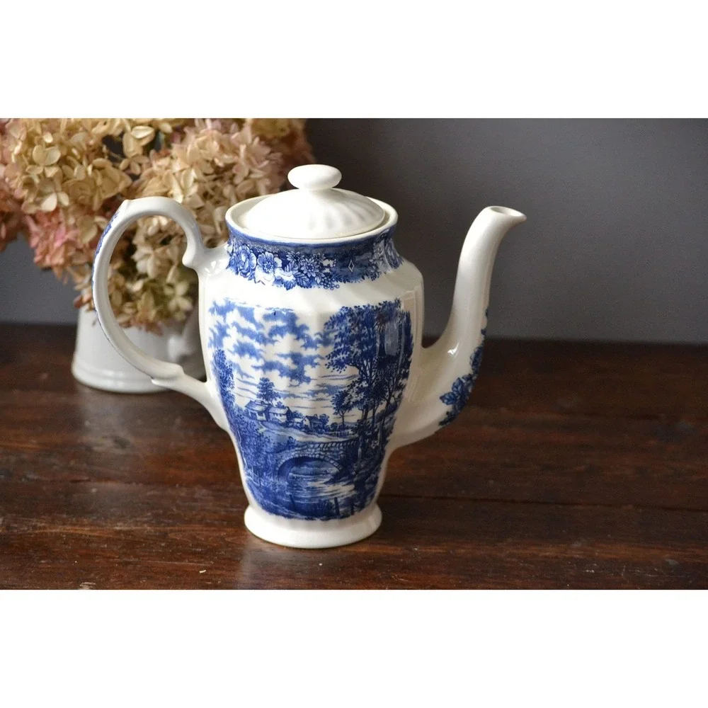 British Anchor Ironstone Coffee pot Memory Lane Blue Transferware‎ countryside
